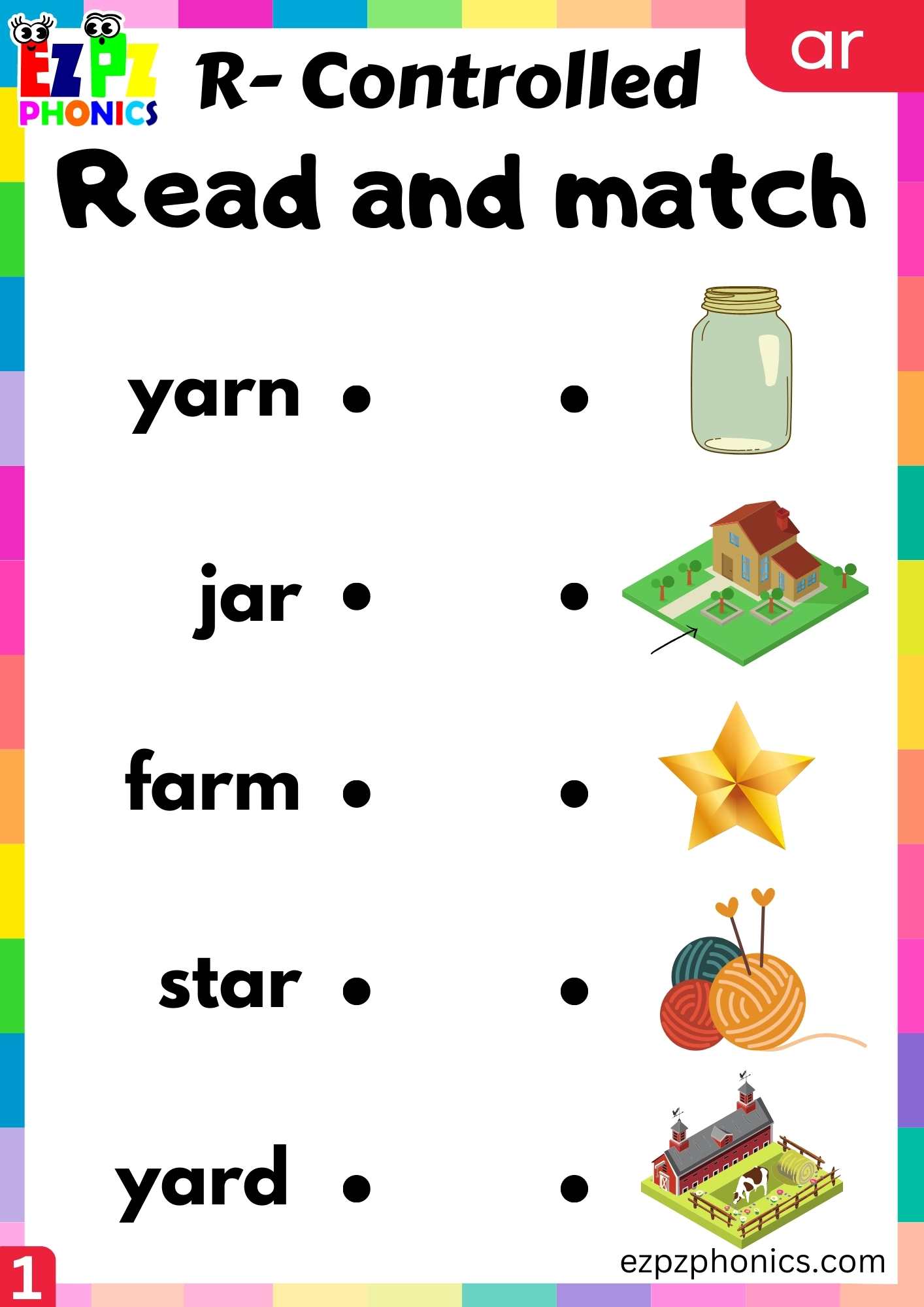 Read and match Worksheet for ar words R controlled vowels phonics group 1